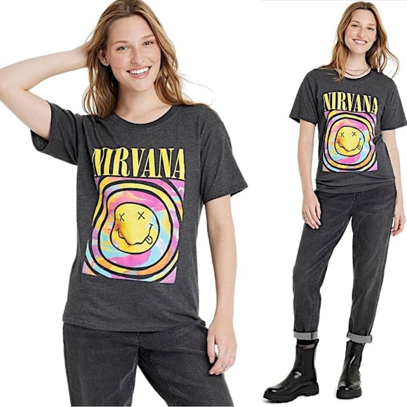 Nirvana Dazed Smiley Tie Dye Graphic Band Tee Short Sleeve T-Shirt Rainbow - Picture 1 of 6